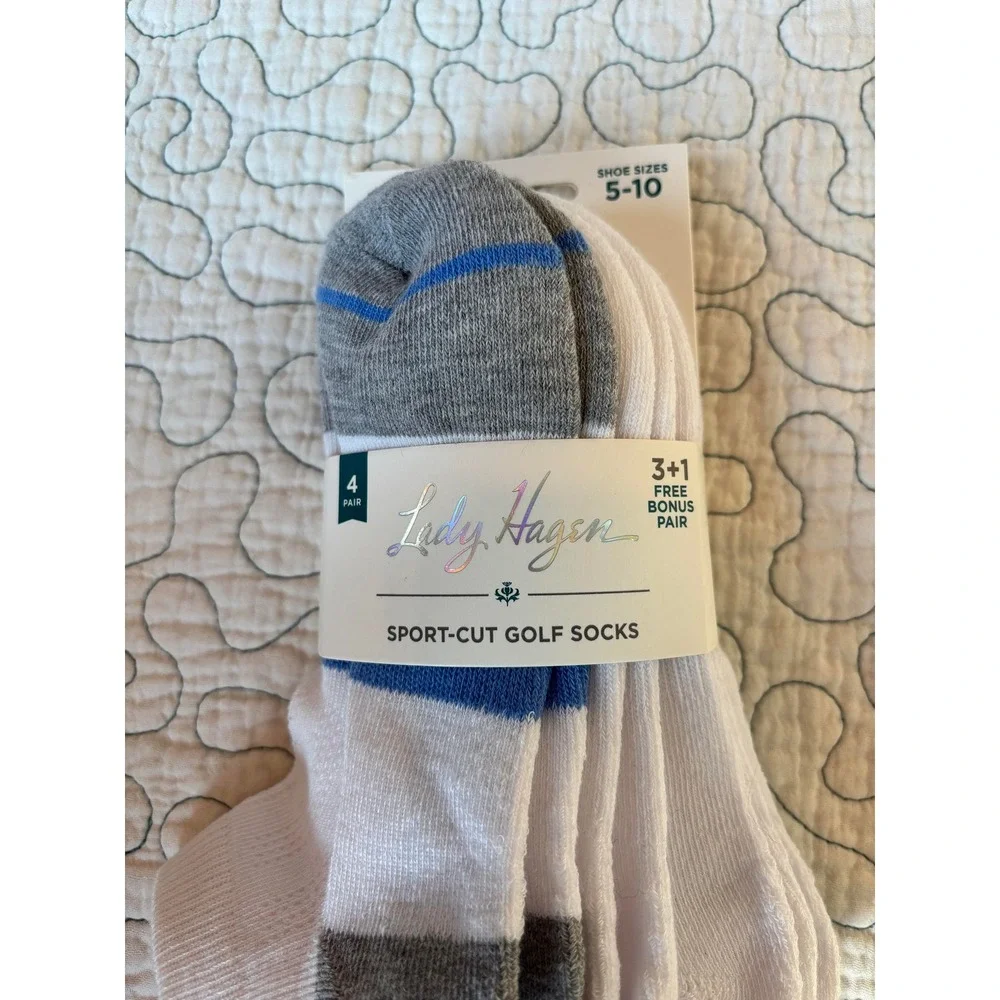 Lady Hagen Womens Sport-Cut Golf Socks 4 Pair White Grey Blue Shoe Size 5-10